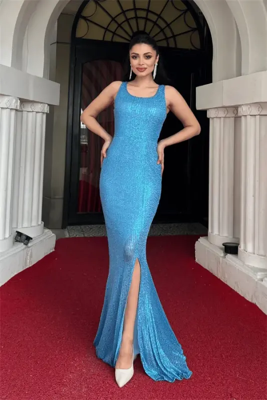 Sequin Straps Thick Fish Evening Dress - INDIGO BLUE - 1