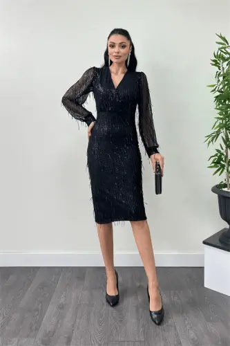 Sequin Tassel Fabric Pencil Dress - BLACK - 1
