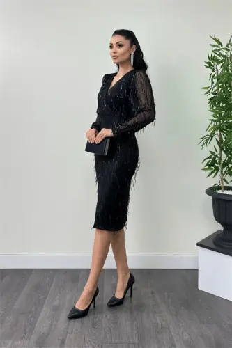 Sequin Tassel Fabric Pencil Dress - BLACK - BÜYÜKBEDENIZ (1)