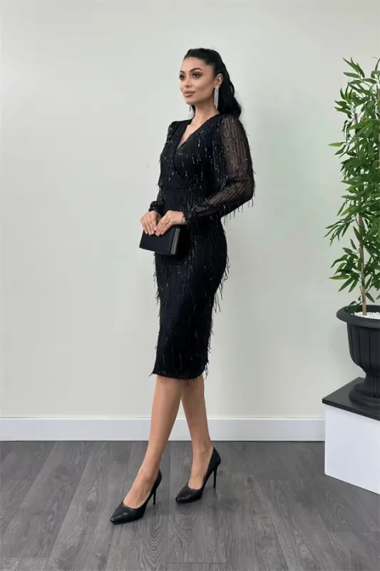 Sequin Tassel Fabric Pencil Dress - BLACK - 2