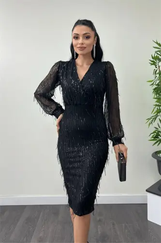Sequin Tassel Fabric Pencil Dress - BLACK - 4