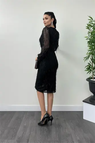 Sequin Tassel Fabric Pencil Dress - BLACK - 5