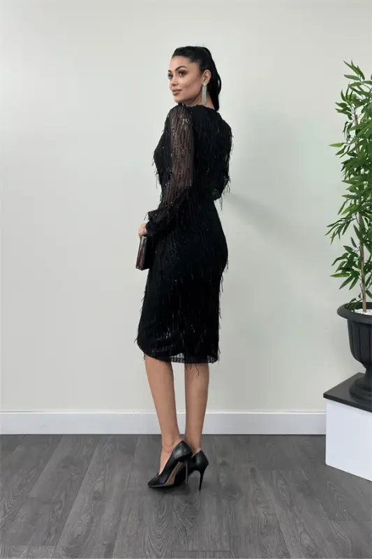 Sequin Tassel Fabric Pencil Dress - BLACK - 5