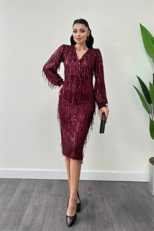 Sequin Tassel Fabric Pencil Dress - BURGUNDY - 1