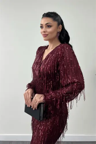 Sequin Tassel Fabric Pencil Dress - BURGUNDY - 3