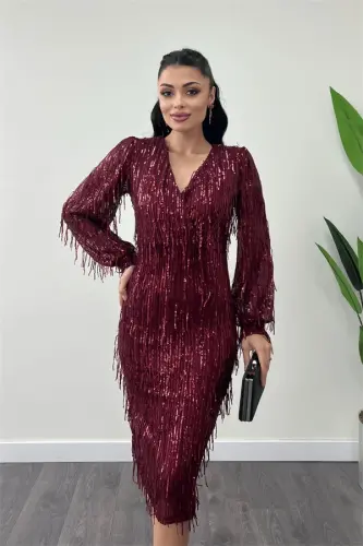 Sequin Tassel Fabric Pencil Dress - BURGUNDY - 4