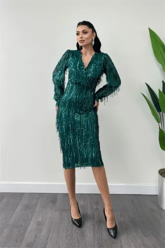 Sequin Tassel Fabric Pencil Dress - EMERALD GREEN - 1