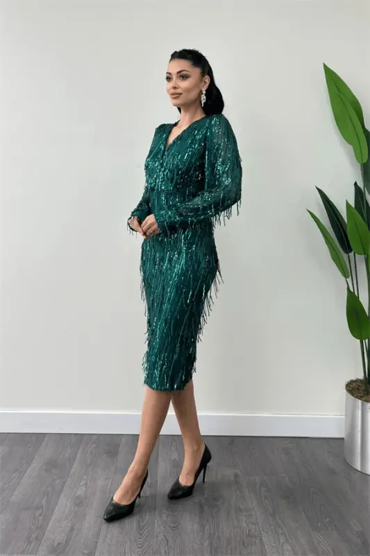 Sequin Tassel Fabric Pencil Dress - EMERALD GREEN - 2