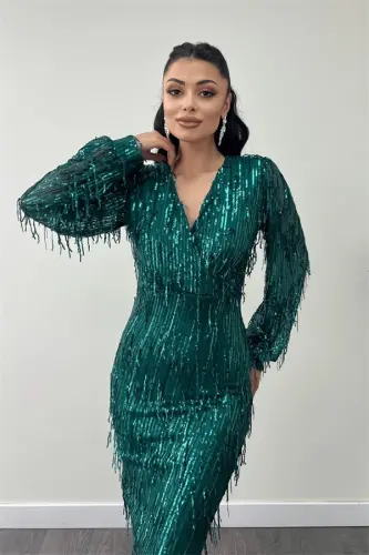 Sequin Tassel Fabric Pencil Dress - EMERALD GREEN - 3