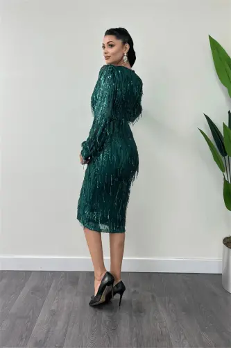 Sequin Tassel Fabric Pencil Dress - EMERALD GREEN - 5