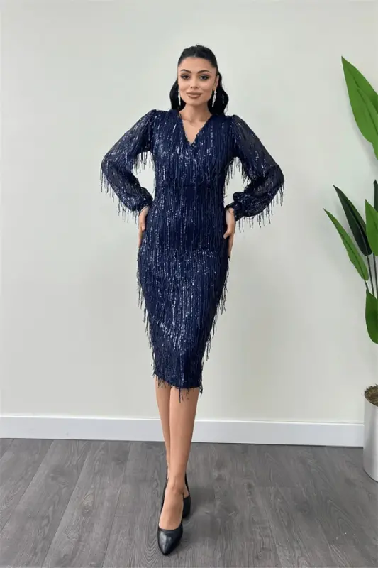 Sequin Tassel Fabric Pencil Dress - NAVY BLUE - BÜYÜKBEDENIZ