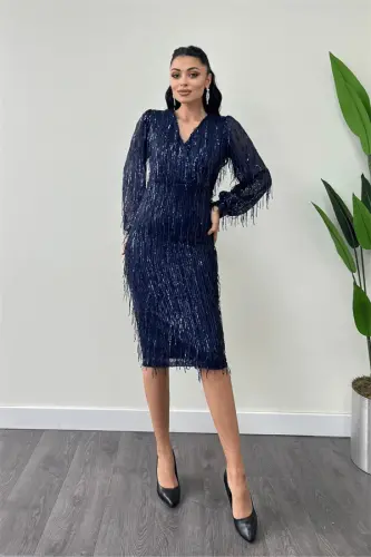 Sequin Tassel Fabric Pencil Dress - NAVY BLUE - BÜYÜKBEDENIZ (1)