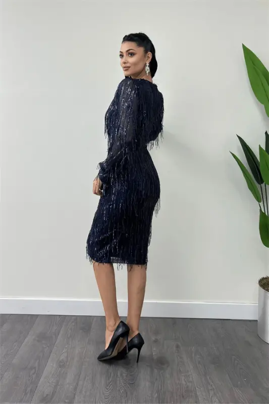 Sequin Tassel Fabric Pencil Dress - NAVY BLUE - 5