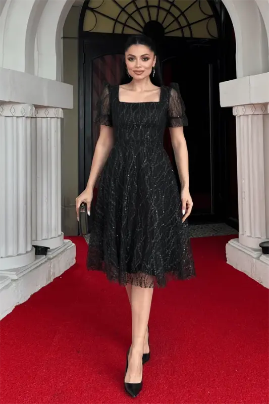 Sequin Tinsel Fabric Square Neck Mini Dress - BLACK - BÜYÜKBEDENIZ