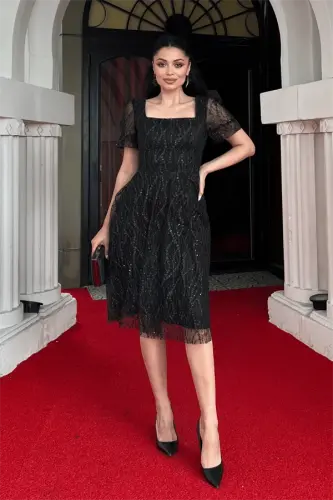 Sequin Tinsel Fabric Square Neck Mini Dress - BLACK - BÜYÜKBEDENIZ (1)