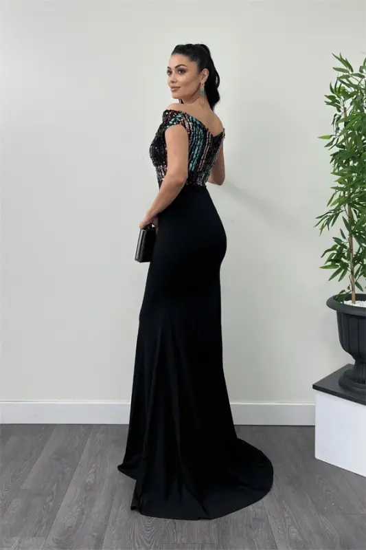 Sequin Top Crepe Bottom Fishtail Evening Dress - Black - 5