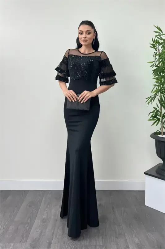 Sequin Top Crepe Fabric Evening Dress - Black - BÜYÜKBEDENIZ