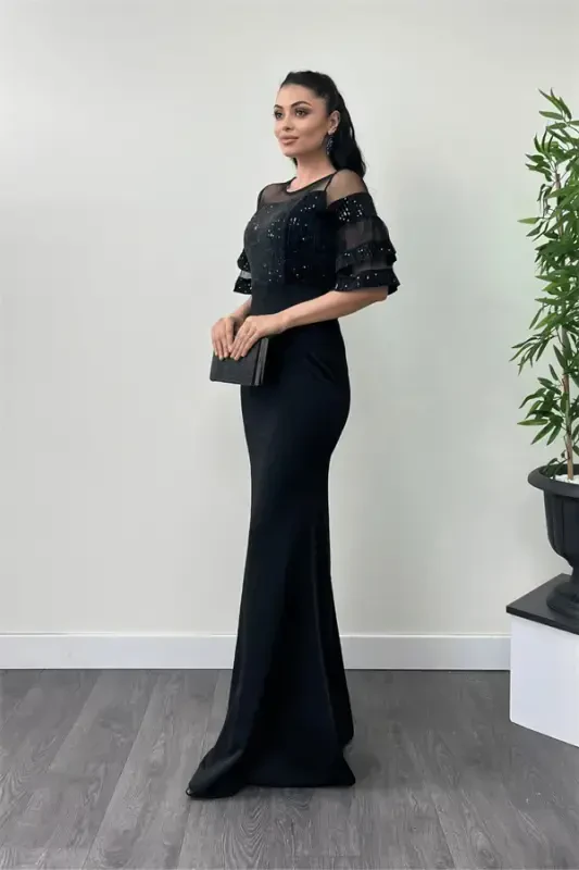 Sequin Top Crepe Fabric Evening Dress - Black - 2