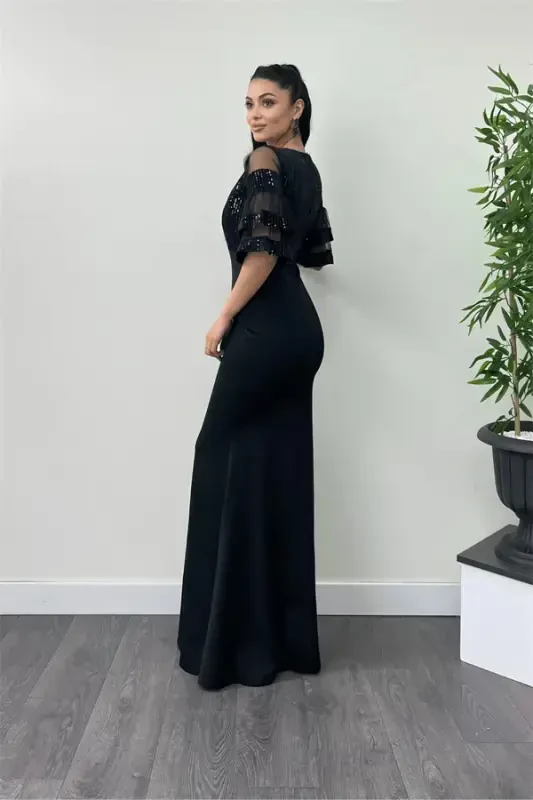 Sequin Top Crepe Fabric Evening Dress - Black - 5