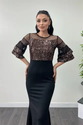 Sequin Top Crepe Fabric Evening Dress - Bronze - 3
