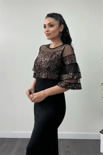 Sequin Top Crepe Fabric Evening Dress - Bronze - 4