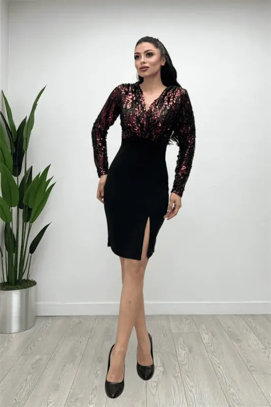 Sequin Top Crepe Fabric Evening Dress - BURGUNDY - 3
