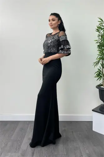 Sequin Top Crepe Fabric Evening Dress - Silver - 1