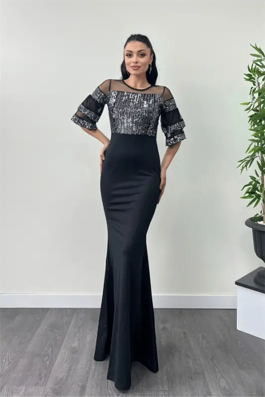 Sequin Top Crepe Fabric Evening Dress - Silver - 2
