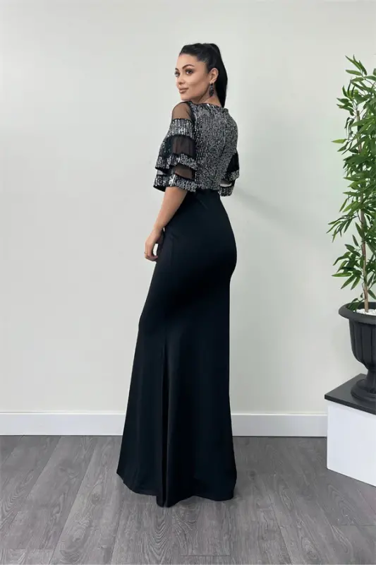 Sequin Top Crepe Fabric Evening Dress - Silver - 5