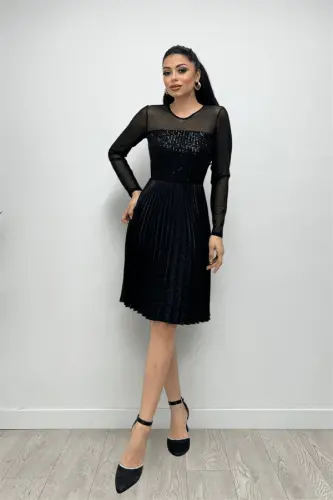 Sequin Top Pleated Midi Dress - BLACK - 1