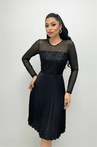 Sequin Top Pleated Midi Dress - BLACK - BÜYÜKBEDENIZ (1)
