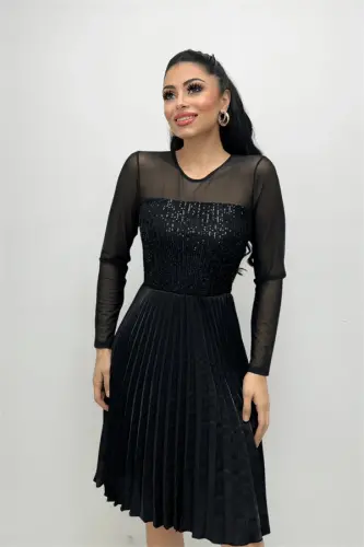 Sequin Top Pleated Midi Dress - BLACK - 4