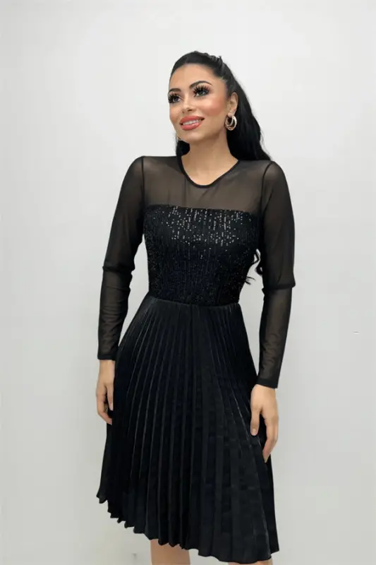Sequin Top Pleated Midi Dress - BLACK - 4