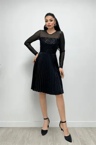 Sequin Top Pleated Midi Dress - BLACK - 5