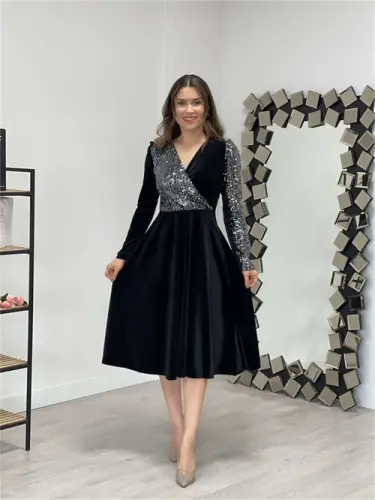 Sequin Top Velvet Bottom Dress - Silver - 1