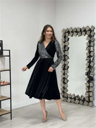 Sequin Top Velvet Bottom Dress - Silver - 3