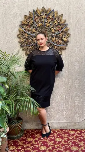 Sequin Trim Plus Size Dress Black - 1