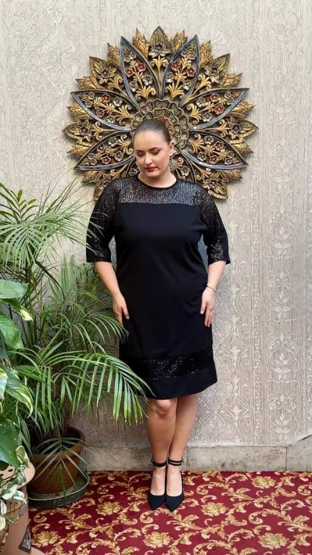 Sequin Trim Plus Size Dress Black - 5