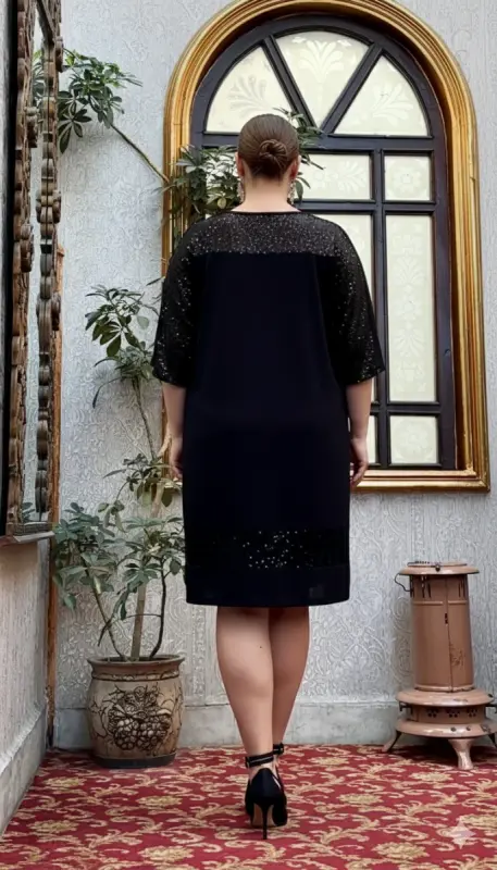 Sequin Trim Plus Size Dress Black - 6