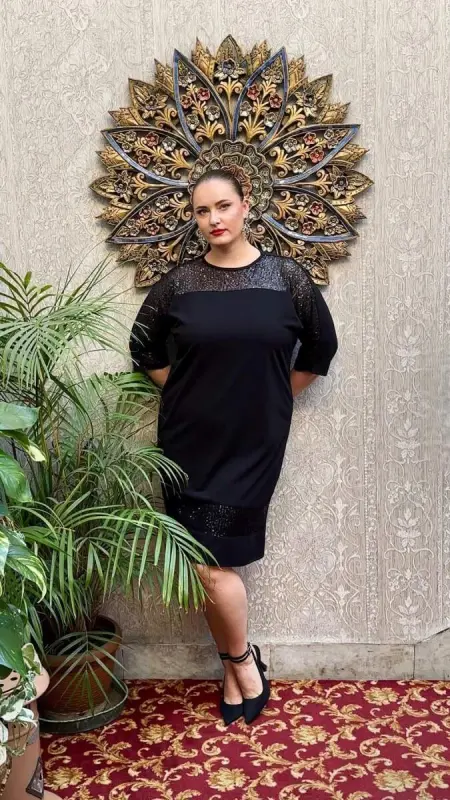 Sequin Trim Plus Size Dress Black - BÜYÜKBEDENIZ