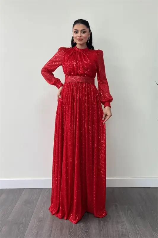 Sequin Tulle Beaded Fabric Pleated Detail Flared Dress - RED - 1