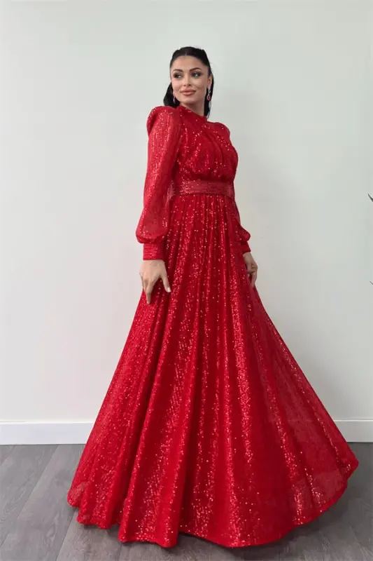 Sequin Tulle Beaded Fabric Pleated Detail Flared Dress - RED - 2