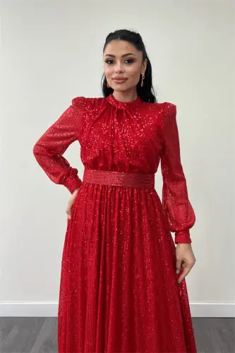 Sequin Tulle Beaded Fabric Pleated Detail Flared Dress - RED - 3