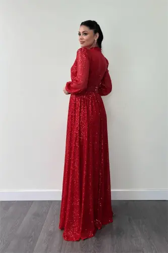 Sequin Tulle Beaded Fabric Pleated Detail Flared Dress - RED - 5