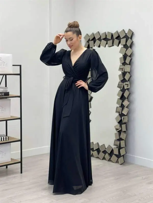 Sequin Tulle Fabric Belted Flared Dress - BLACK - 2
