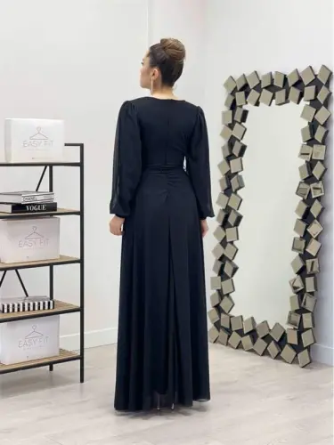 Sequin Tulle Fabric Belted Flared Dress - BLACK - 5