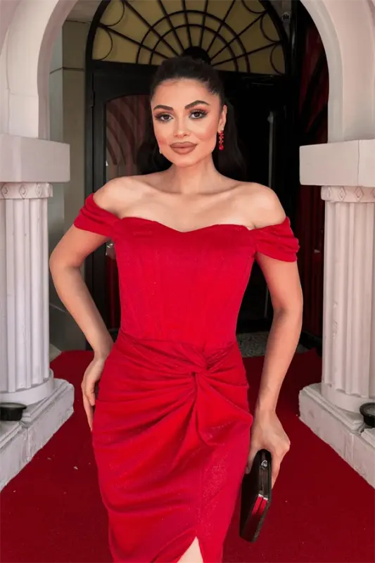 Sequin Tulle Fabric Ruched Detail Evening Dress - RED - 3