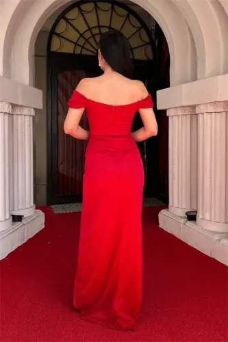 Sequin Tulle Fabric Ruched Detail Evening Dress - RED - 5