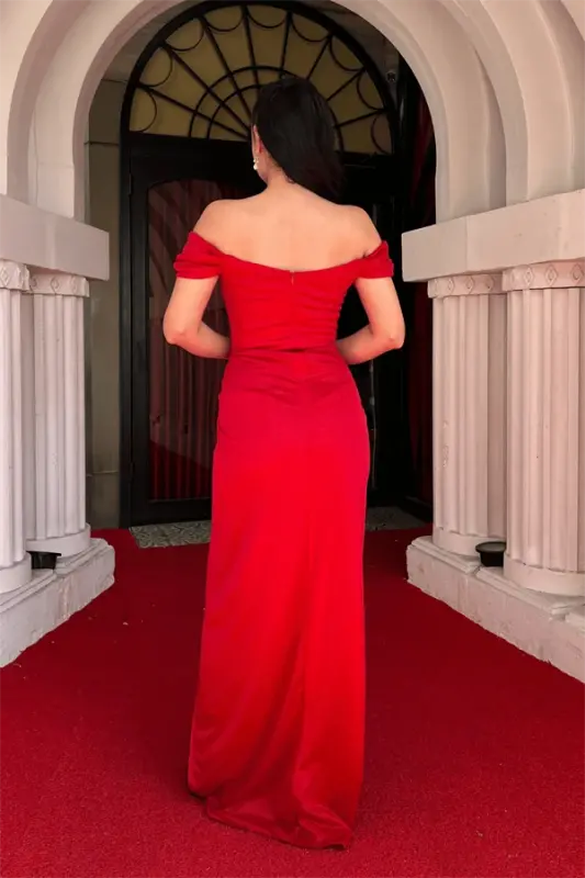 Sequin Tulle Fabric Ruched Detail Evening Dress - RED - 5