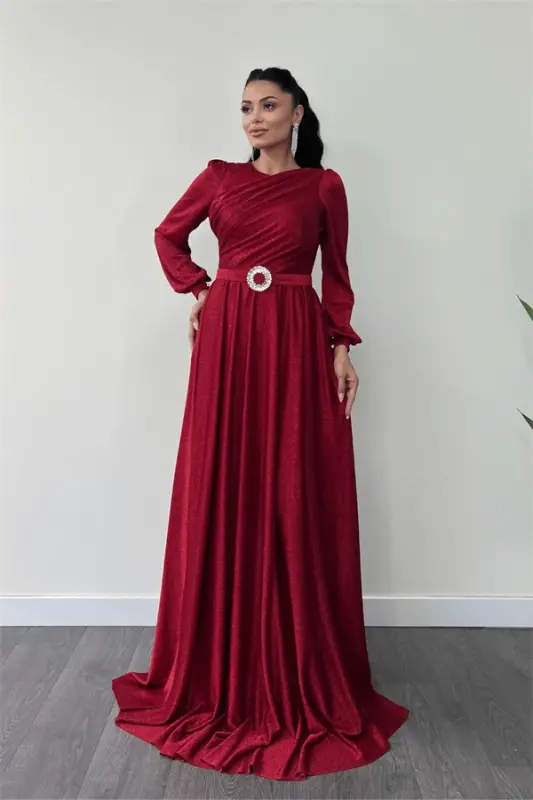 Sequin Tulle Fabric Ruffled Detail Evening Dress - RED - 1